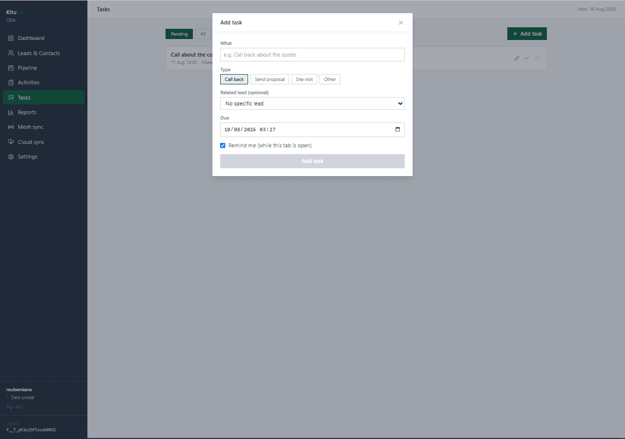 KituBox CRM main screen